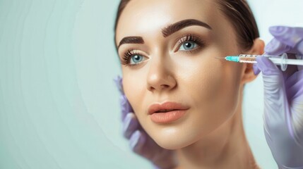 Fototapeta premium A calm woman with an attentive look receives a facial cosmetic injection from a medical professional wearing gloves, symbolizing trust and expertise in aesthetic treatments.