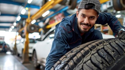 A cheerful mechanic in casual attire is diligently fixing a car tire in a busy workshop, showcasing professionalism, dedication, and expertise in automotive repair.