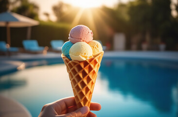 ice cream cone in a hand on sun set