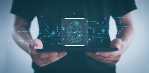 Businessmen Fingerprint scanning and biometric authentication,Internet security and data protection concept.Cyber security network and fingerprint identification to access data.