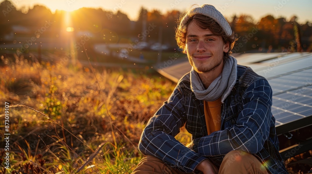 Canvas Prints A young man in casual outdoor clothing sits near solar panels during sunset, wearing a beanie and scarf, and captures an eco-friendly and sustainable lifestyle essence.