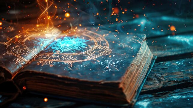 An ancient spellbook with glowing magical symbols and ethereal light emanations, creating a mystical and enchanting atmosphere.