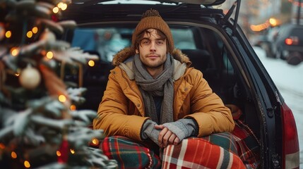 A man, warmly dressed, sits comfortably in the open trunk of a car surrounded by blankets, appreciating the festive Christmas tree adorned with ornaments in a snowy street.