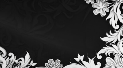 Black and white cut paper pattern background with detailed paper cut outs in a narrow depth field against a blurred black background in horizontal layout.