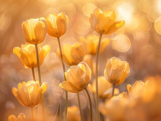 Obraz premium Artistic composition of blooming yellow tulips arranged elegantly in a garden setting, with soft bokeh effects and warm lighting, making it an ideal image for greeting cards welcoming the spring