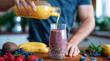 A man is seen pouring fresh orange juice into a glass of berry smoothie, highlighting a mix of vibrant fruits like bananas and kiwis in a lively, health-focused kitchen.