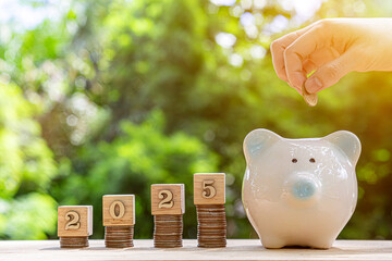 Financial coins stacked with wooden cubes of the year 2025 on a natural background. Piggy bank. New...