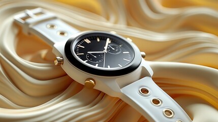 White Chronograph Watch With Gold Accents on White Fabric
