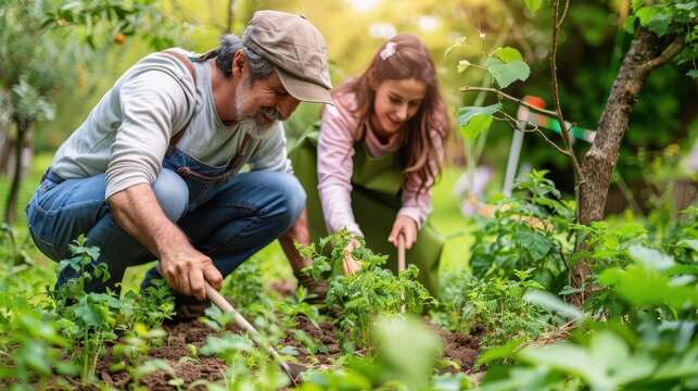 A father and his daughter work together in a lush garden, tending to plants. Their cooperative effort and shared joy highlight the bonding experience through gardening.