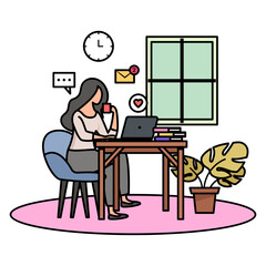 Lady Relaxing and Enjoying Coffee at Workplace While Performing Multi task concept vector color design, corporate wellbeing symbol, Sedentary lifestyle sign, self serving behaviors stock illustration