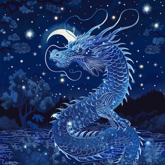 Illustration of dragon in the night with crescent