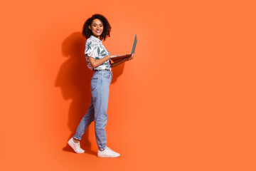 Photo portrait of young programmer funny woman in summer shirt working freelancer with computer...