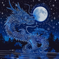 Illustration of dragon in the night with crescent