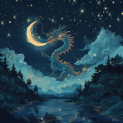 Illustration of dragon in the night with crescent