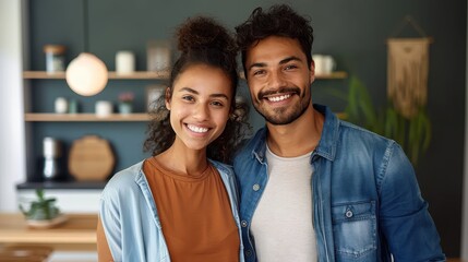 Fototapeta premium A smiling couple in matching denim outfits standing in a cozy, well-decorated home, radiating happiness and harmony, embodying a sense of love and togetherness in modern living.