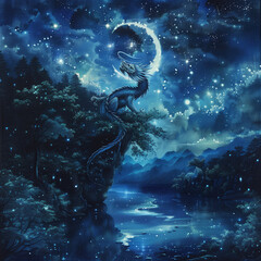 Illustration of dragon in the night with crescent