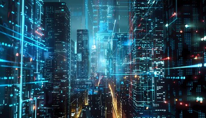 Naklejka premium Future Vision: Document Imaging in Smart Cities, futuristic cityscape where skyscrapers display holographic documents and data streams, 