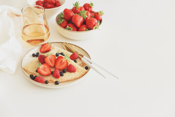 French homemade pancake crepes. Summer breakfast. Copy space