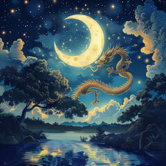 Illustration of dragon in the night with crescent