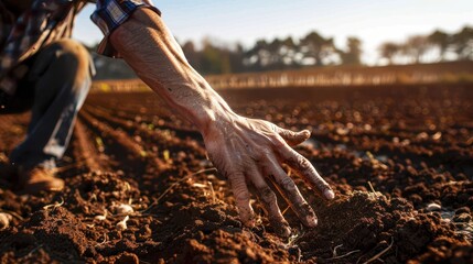 A farmer's hand touches the rich, fertile soil in a cultivated field, highlighting connection to earth, farming practices, and the importance of agriculture for nourishment.
