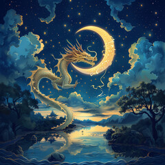 Illustration of dragon in the night with crescent