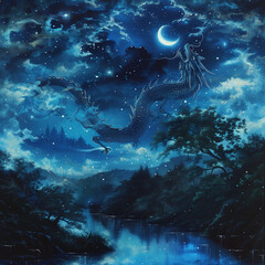 Illustration of dragon in the night with crescent