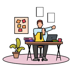 one arm desk stretch while office break concept, Stretching feels good vector color design, corporate wellbeing symbol, Sedentary lifestyle sign, self serving behaviors stock illustration