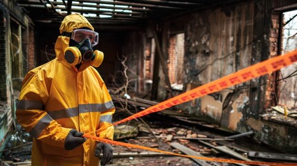 A worker dons a gas mask and protective gear to survey the extensive damage at a site post-disaster, demonstrating thorough assessment and caution in hazardous environments.