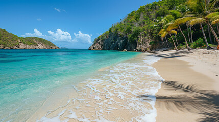 Obraz premium Pristine Tropical Beaches with Crystal Clear Waters, Lush Greenery, Tall Palms, and Idyllic Island Paradises for the Perfect Exotic Vacation Getaway