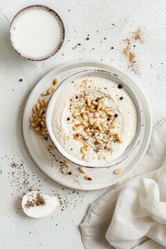 Ajo blanco de M&aacute;laga with almendras in a white recipient on a white table. Stunning view of the Mediterranean.