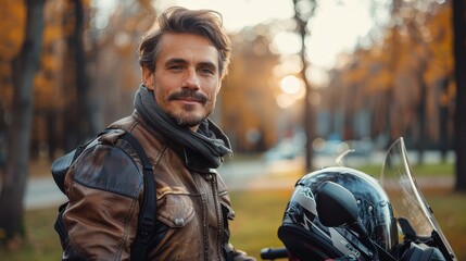 Obraz premium Man in a brown leather jacket, and grey scarf holding a motorcycle helmet, standing in an autumn park with golden leaves, looking content with a soft smile.