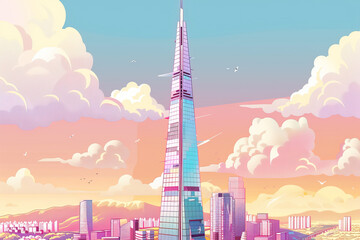 Risograph riso print travel poster, card, wallpaper banner illustration, modern, clear, simple of Lotte World Tower, Seoul, South Korea. Artistic, landmark printing, stencil backdrop background