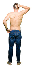 Handsome shirtless man showing nude chest Backwards thinking about doubt with hand on head