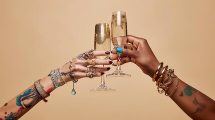 champagne glasses in hands on a beige background