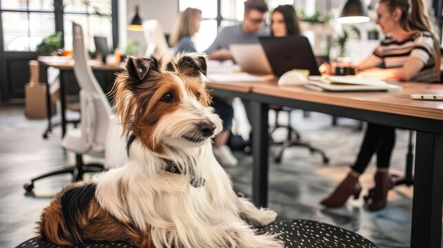 An office setting with a cute small dog sitting on a chair in the foreground while blurred employees work on computers and hold discussions, indicating a pet-friendly environment.
