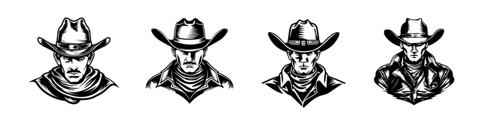 Set of four monochrome cowboy portraits, stern looks, detailed hats and bandanas.