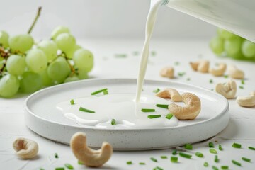 In a white vessel on top of a white table, Lajo Blanco of Málaga is served with asparagus, cream of asparagus and Spanish soup.