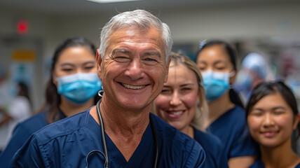 Happy clinic diverse team in medical professional uniforms Confident ambitious doctors posing for front portrait. happy surgeon doctor with his team of interns
