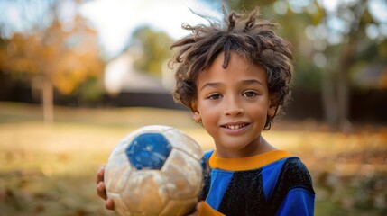 A young boy with a bright smile holds a soccer ball outdoors, standing in a park with autumn leaves, symbolizing childhood joy, playfulness, and an active lifestyle.