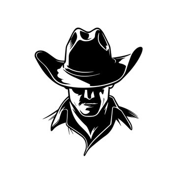 Bold vector illustration of shadowed cowboy face with hat and sunglasses in monochrome.