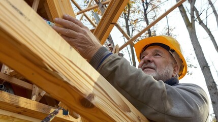 An elderly man wearing a yellow hard hat diligently working on a construction framework, showcasing his expertise and dedication amid the unfinished wooden beams structure outdoors.