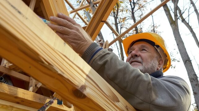 An elderly man wearing a yellow hard hat diligently working on a construction framework, showcasing his expertise and dedication amid the unfinished wooden beams structure outdoors.