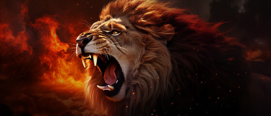 Roaring Lion in Fiery Landscape