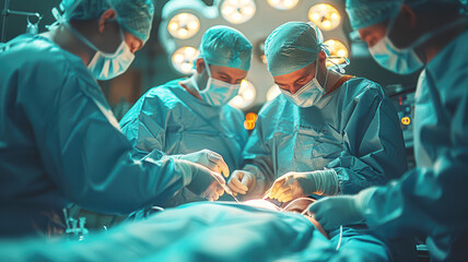a group of surgeons in special blue clothes stand around an operating table in a hospital and perform an operation on a patient
