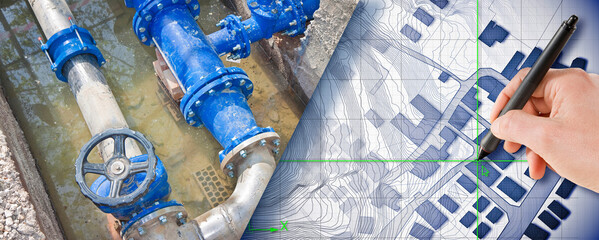 Construction site with new hydraulic system of drinking water to be carried below ground surface...