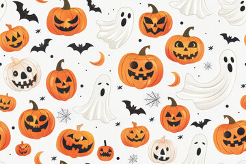 Seamless pattern with cute smiling pumpkins and flying ghosts celebrating halloween party