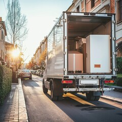 A moving truck parked in a residential area on a sunny day, with household items visible in the back, ready for transportation by movers.