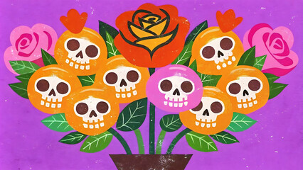 bouquet of roses with skull-shaped petals emerging from concrete
