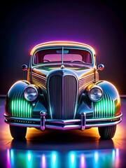 A restored art deco-inspired car with a futuristic neon glow emanating from underneath.
