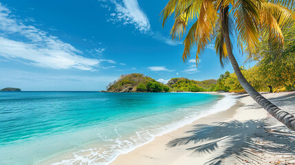 Obraz premium Pristine Tropical Beach with Crystal Clear Water, Lush Greenery, Tall Palms, and Idyllic Island Paradise for the Perfect Exotic Vacation Getaway